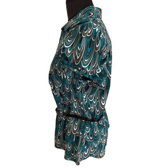 Bay Studio Career Top Teal Black White Abstract Print Short Sleeve Belted Blouse - Picture 2 of 7